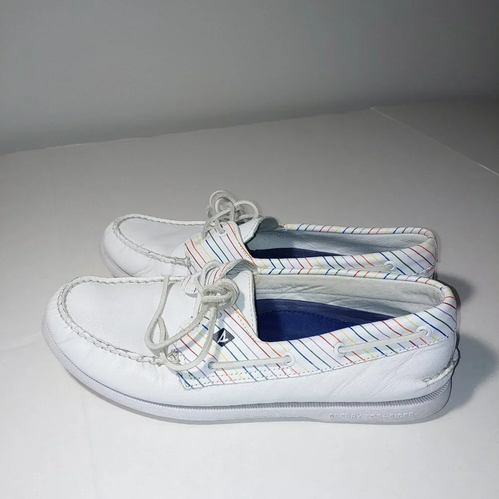 - Sperry Top Side Authentic Original Pride Boat Shoes White Leather Size 13